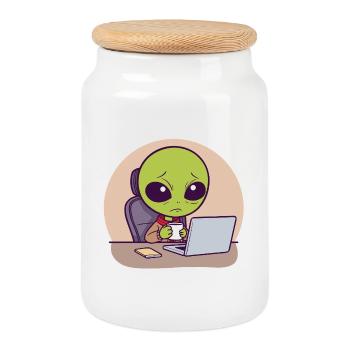 Extraterrestre stressé au bureau avec du café - Boîte à biscuits avec couvercle en bois - blanc - Devant