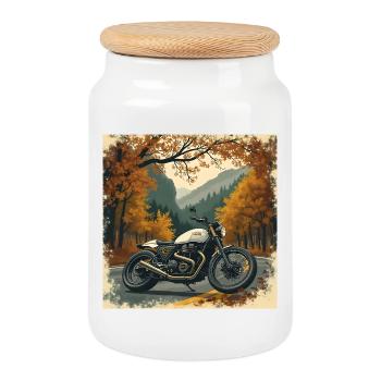 Quiet Luxury Motorcycling Poster - Cookie Jar with Wooden Lid - white - Front