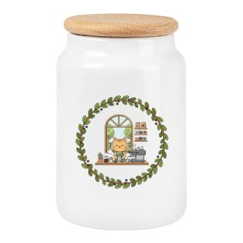 Cat barista in a wreath of leaves - Cookie Jar with Wooden Lid - white - Front