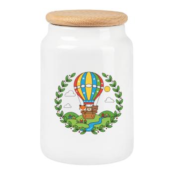 Colorful Hot Air Balloon Animal Travel - Cookie Jar with Wooden Lid - white - Front