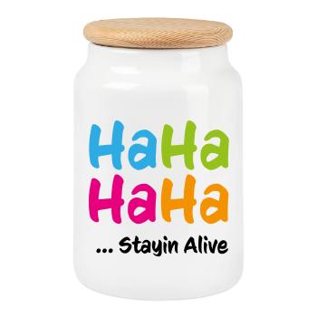 Ha Ha Ha Ha Stayin Alive - Cookie Jar with Wooden Lid - white - Front