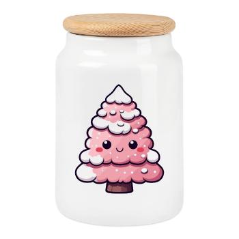 Chibi Pink Snowy Tree - Cookie Jar with Wooden Lid - white - Front