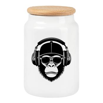 Groovy Nightclub Party Techno Monkey Head Chemise - Boîte à biscuits avec couvercle en bois - blanc - Devant