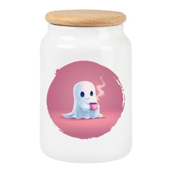 Coffee Ghost – Cozy Halloween Shirt - Cookie Jar with Wooden Lid - white - Front