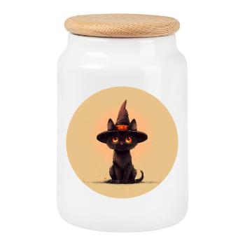 Chat fantôme dans le chapeau de sorcière - Boîte à biscuits avec couvercle en bois - blanc - Devant
