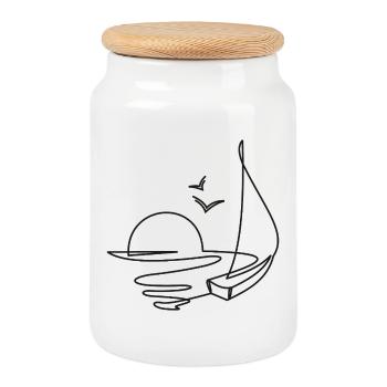 Sailboat sketch with sun and birds - Cookie Jar with Wooden Lid - white - Front