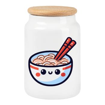 Kawaii Ramen Schüssel mit Essstäbchen - Keksdose mit Holzdeckel - Weiß - Vorne