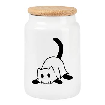 Cat in Ghost Costume – Halloween Motif - Cookie Jar with Wooden Lid - white - Front
