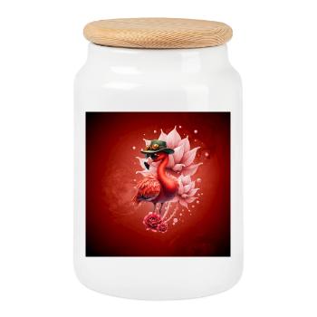 Flamant rose de Bohême avec chapeau - Boîte à biscuits avec couvercle en bois - blanc - Devant