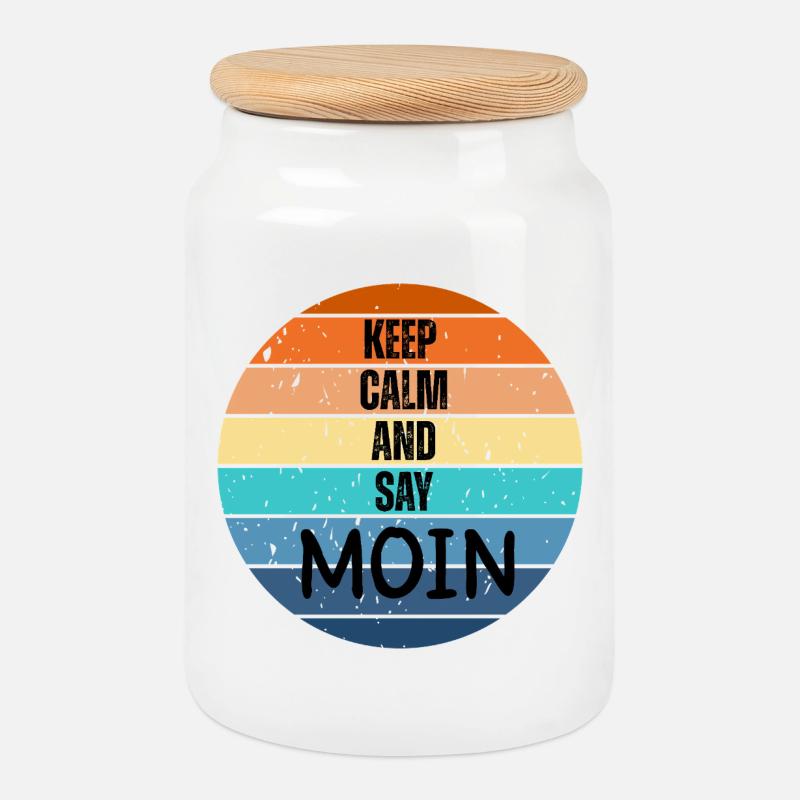 „Keep Calm and Say MOIN“ – Retro Sunset  - Keksdose mit Holzdeckel - Weiß