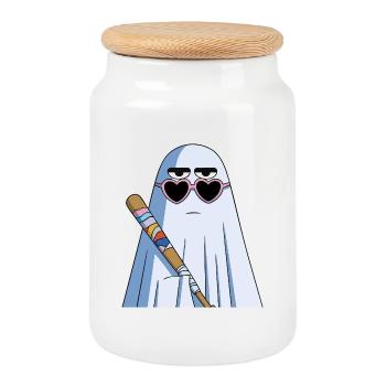Sarcastic Ghost with Heart Shades & Bat - Cookie Jar with Wooden Lid - white - Front
