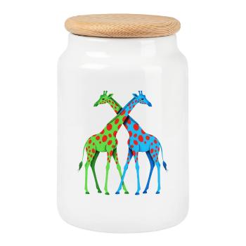 Duo de girafes néon bleu vert à pois et amoureux - Boîte à biscuits avec couvercle en bois - blanc - Devant