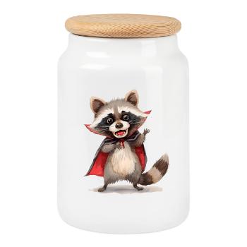 Lustiger Dracula-Waschbär – Halloween Design - Keksdose mit Holzdeckel - Weiß - Vorne