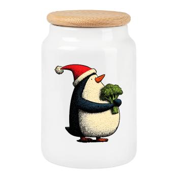 Pingouin de Noël drôle avec brocoli - Boîte à biscuits avec couvercle en bois - blanc - Devant