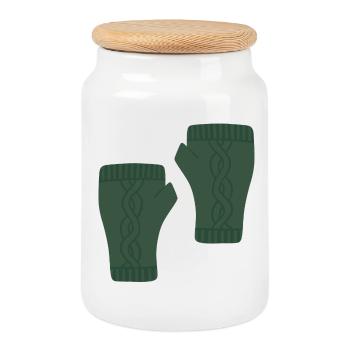 Grüne fingerlose Handschuhe mit Zopfmuster - Keksdose mit Holzdeckel - Weiß - Vorne