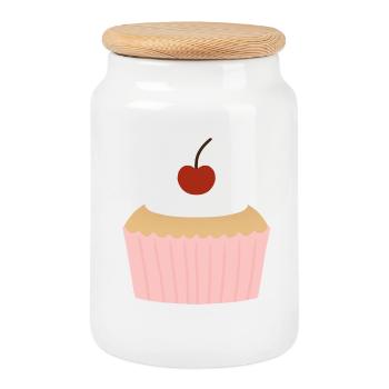 Pastellfarbener Cupcake mit Kirsche - Keksdose mit Holzdeckel - Weiß - Vorne