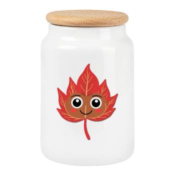 Feuille d’automne souriante - Boîte à biscuits avec couvercle en bois - blanc - Devant