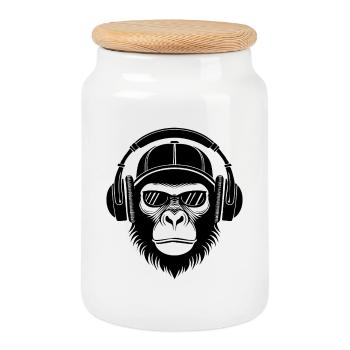 Monkey Head Glasses Cap DJ Groove Shirt - Cookie Jar with Wooden Lid - white - Front
