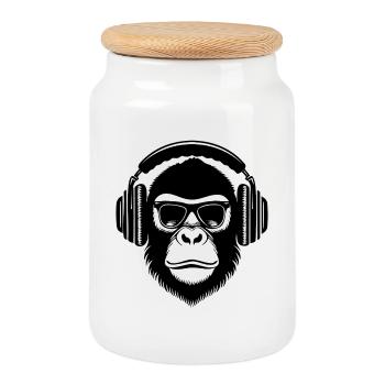 Fokussiert Affenkopf Gaming Kopfhörer Crew Shirt - Keksdose mit Holzdeckel - Weiß - Vorne