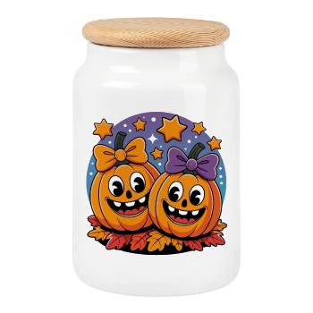 Duo de citrouilles dans le ciel étoilé - Boîte à biscuits avec couvercle en bois - blanc - Devant