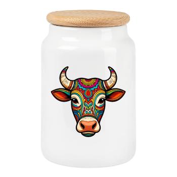 Sacred Cow Colorful Mandala - Cookie Jar with Wooden Lid - white - Front