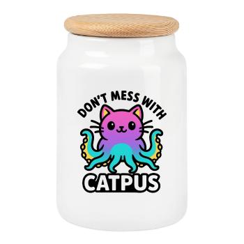 Catpus - Don't mess with Catpus - Cookie Jar with Wooden Lid - white - Front