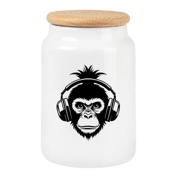 Affenkopf Ananasfrisur Kopfhörer DJ Groove Shirt - Keksdose mit Holzdeckel - Weiß - Vorne