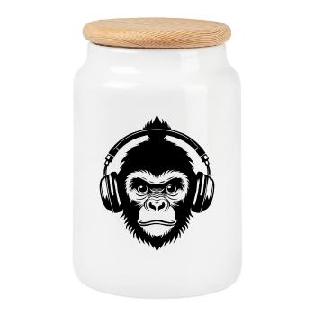 Affenkopf Dutt DJ Sound Kopfhörer Shirt - Keksdose mit Holzdeckel - Weiß - Vorne