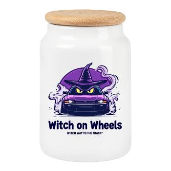 Logo de la sorcière sur roues - Boîte à biscuits avec couvercle en bois - blanc - Devant
