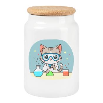 Female Scientist Cat in the Lab Cute Cartoon - Cookie Jar with Wooden Lid - white - Front