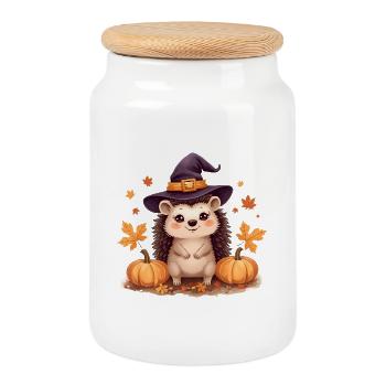 Autumnal hedgehog with witch hat and pumpkins - Cookie Jar with Wooden Lid - white - Front