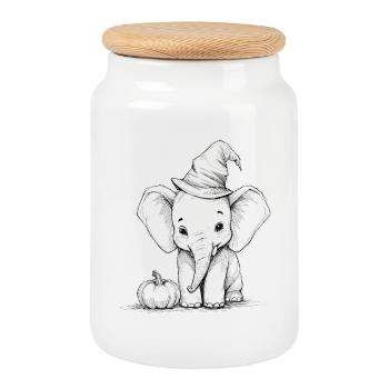 Éléphant d’Halloween avec chapeau de sorcière design mignon - Boîte à biscuits avec couvercle en bois - blanc - Devant