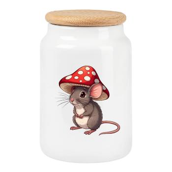Petite souris avec chapeau de champignon Mignon Motif de forêt - Boîte à biscuits avec couvercle en bois - blanc - Devant