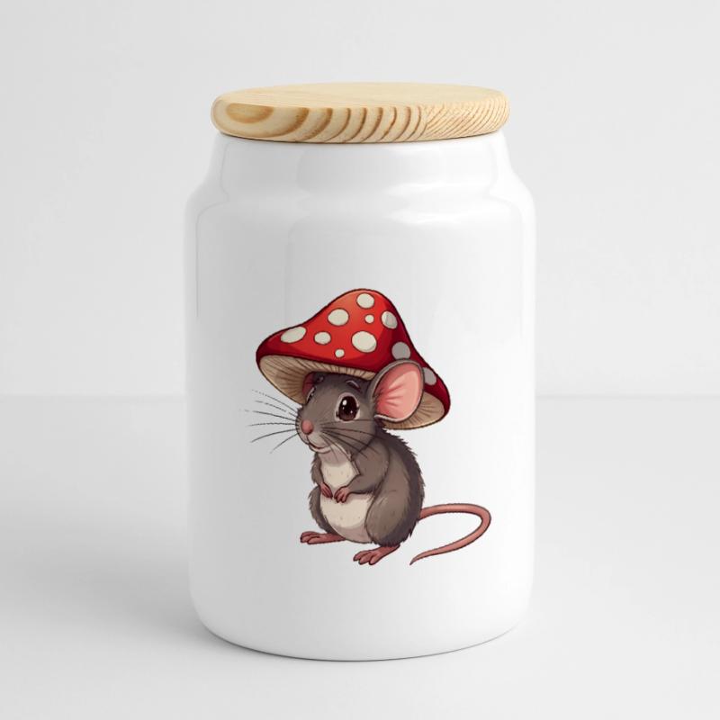 Little Mouse with Toadstool Hat Cute Forest Motif Cookie Jar with Wooden Lid