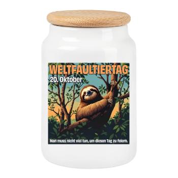 October 20 – International Sloth Day - Cookie Jar with Wooden Lid - white - Front