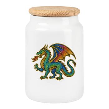 Rainbow Dragon Print - Cookie Jar with Wooden Lid - white - Front