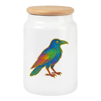 Corbeau | Corbeau | Écusson scintillant oiseau arc-en-ciel - Boîte à biscuits avec couvercle en bois - blanc - Devant