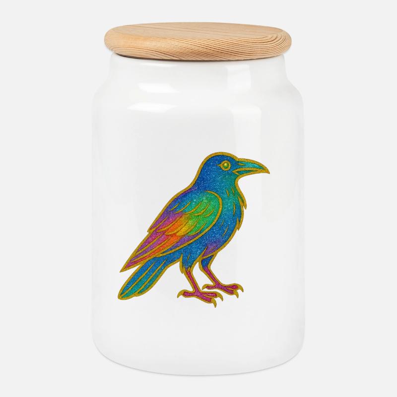 Rabe | Krähe | Regenbogen Vogel Glitzer Patch - Keksdose mit Holzdeckel - Weiß
