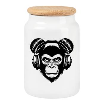Skateboard Affe Crew Rhythm Kopfhörer Street Shirt - Keksdose mit Holzdeckel - Weiß - Vorne