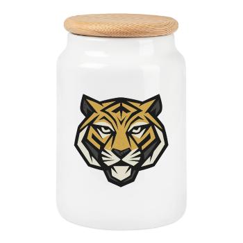 Strong tiger head – symbol of courage and strength - Cookie Jar with Wooden Lid - white - Front