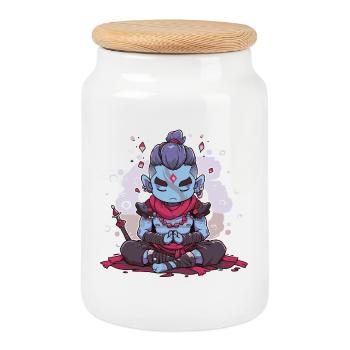 Blue Oni in Mystical Meditation - Cookie Jar with Wooden Lid - white - Front
