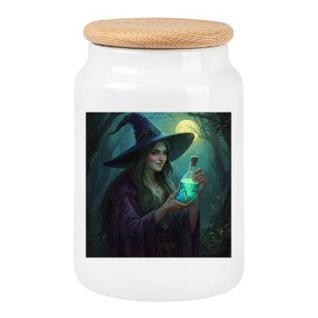 Forest Witch with Glowing Potion - Cookie Jar with Wooden Lid - white - Front