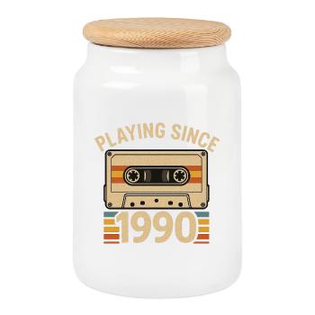 Playing Since 1990 Cassette - Cookie Jar with Wooden Lid - white - Front
