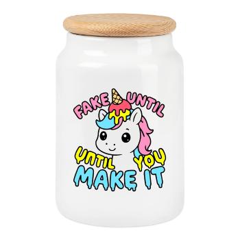 Cute Kawaii Unicorn – Fake It Until You Make It - Boîte à biscuits avec couvercle en bois - blanc - Devant