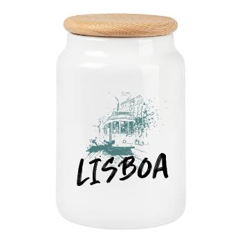Tram in Lisbon blue illustration - Cookie Jar with Wooden Lid - white - Front