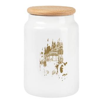 Tram in Lisbon ochre illustration - Cookie Jar with Wooden Lid - white - Front