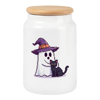 Pixel Ghost avec chapeau de sorcière et chat – Halloween - Boîte à biscuits avec couvercle en bois - blanc - Devant