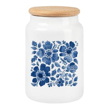 Motif floral avec texture denim - design élégant - Boîte à biscuits avec couvercle en bois - blanc - Devant