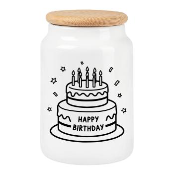 Gâteau de joyeux anniversaire avec bougies Line Art - Boîte à biscuits avec couvercle en bois - blanc - Devant