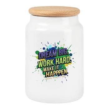 Dream Big • Work Hard • Make It Happen - Boîte à biscuits avec couvercle en bois - blanc - Devant